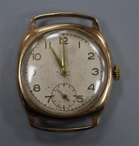 A gentlemans 1930s 9ct gold manual wind wrist watch, no strap.